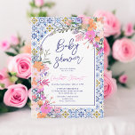 Italiaans blauw tegels waterverf floraal baby show kaart<br><div class="desc">Ons Italiaans-mediterraan geïnspireerd blauw keramisch tegel patroon in combinatie met vrolijke handgeschilderde roze voorjaarszomerwilde bloemen botanische illustraties creëer een fris en modern genderneutraal baby shower, een uitnodiging die zeker indruk zal maken! Met een moderne boogvorm en een elegant penseelscript. Maak indruk op uw gasten met dit trendy en unieke ontwerp...</div>
