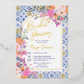 Italiaans blauw tegels waterverf floraal vrijgezel folie uitnodiging (Voorkant)