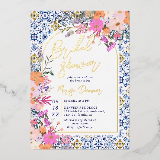 Italiaans blauw tegels waterverf floraal vrijgezel folie uitnodiging (Voorkant)