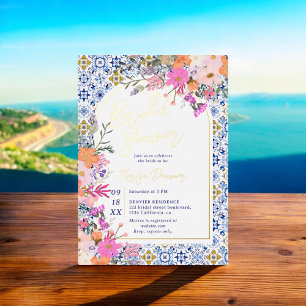 Italiaans blauw tegels waterverf floraal vrijgezel folie uitnodiging