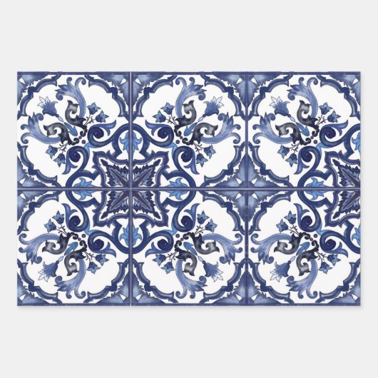 Italiaans blauw & wit Siciliaans majolica mozaïek Inpakpapier Vel (Voorkant)