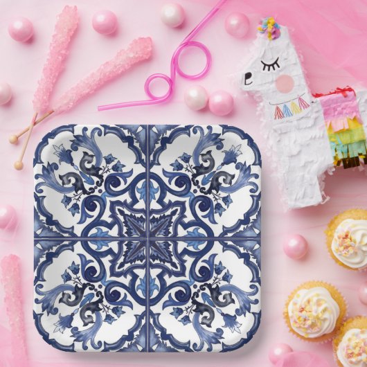 Italiaans blauw & wit Siciliaans majolica mozaïek Papieren Bordje (Feest)