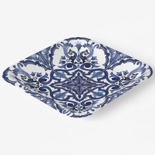 Italiaans blauw & wit Siciliaans majolica mozaïek Papieren Bordje (Gebogen)