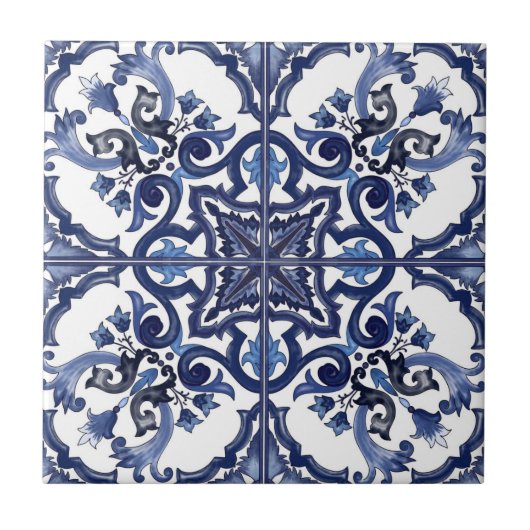 Italiaans blauw & wit Siciliaans majolica mozaïek Tegeltje (Voorkant)