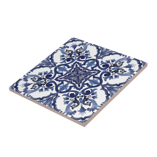 Italiaans blauw & wit Siciliaans majolica mozaïek Tegeltje (Zijkant)