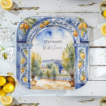 Italiaans Blauwe tegels boogcitroenen vrijgezellen Papieren Bordje<br><div class="desc">Italiaans Blauw tegels boog citroenen vrijgezellenfeest servies gepersonaliseerde partij borden,  waterverf blauw keramiek boog Italiaans landschap Mediterraan thema vrijgezellenfeest borden</div>