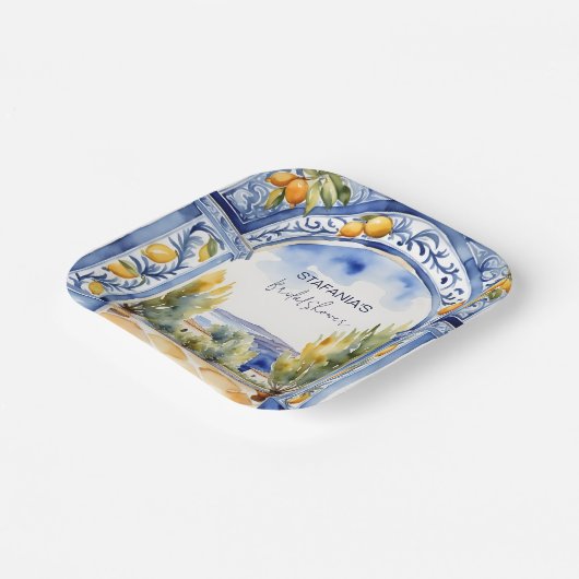 Italiaans Blauwe tegels boogcitroenen vrijgezellen Papieren Bordje (Gebogen)