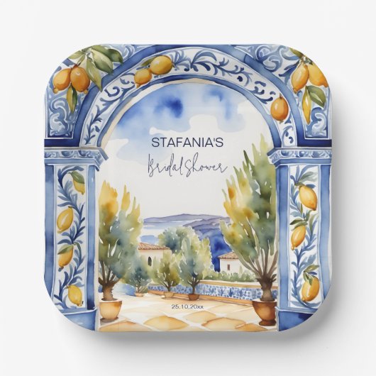 Italiaans Blauwe tegels boogcitroenen vrijgezellen Papieren Bordje (Voorkant)