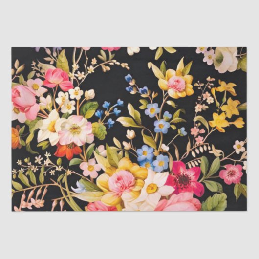  Italiaans Bloemen Roze Blauw Zwart Decoupage Tissuepapier (Voorkant)