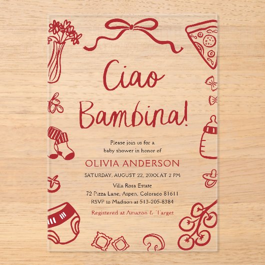 Italiaans Ciao Bambina meisje grillig Baby shower Acryl Uitnodigingen (Voorkant)