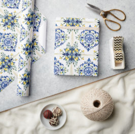 Italiaans Citroen Bloemen Tegel Blauw en Wit Decou Cadeaupapier
