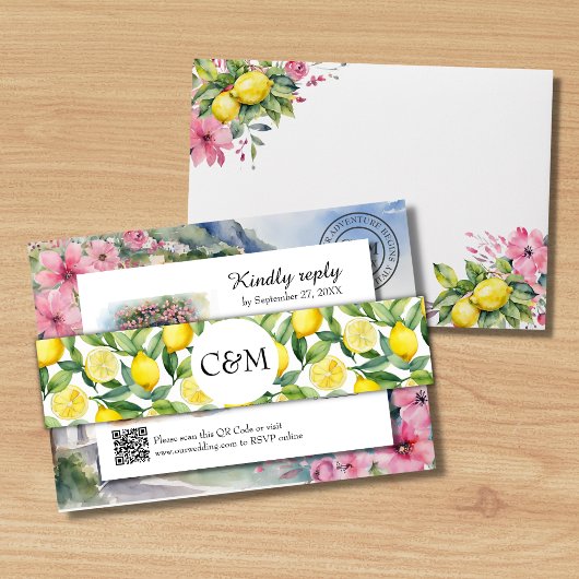 Italiaans Citroen Citrus Patroon Waterverf Bruilof Uitnodigingen Wikkel