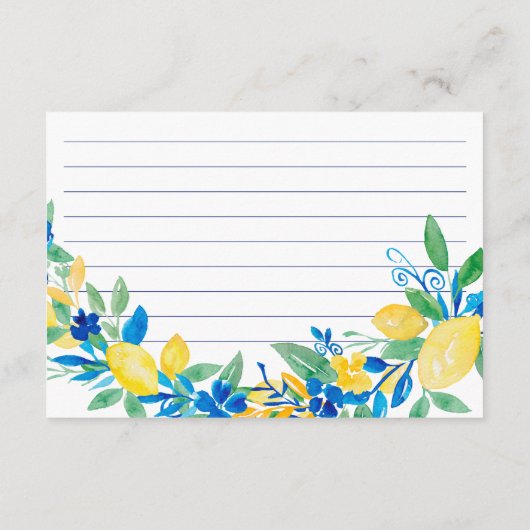 Italiaans citroenblauw bloemenscript bruidsrecept  informatiekaartje (Achterkant)