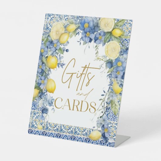 Italiaans Citroenblauw Tegels Italië Vrijgezellenf Reclamebord Met Voetstuk (Voorkant)