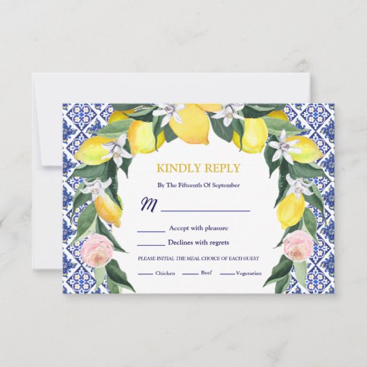 Italiaans Citroenblauw Tegels Mediterraan Huwelijk RSVP Kaartje (Voorkant)