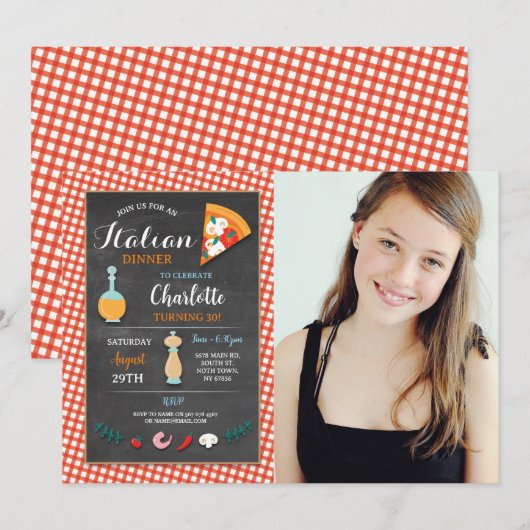 Italiaans diner verjaardagsfeestje krijt pizza uit kaart (Voorkant / Achterkant)