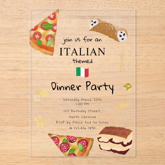 Italiaans eten Pizza & Pasta verjaardagsfeestje Th Acryl Uitnodigingen (Voorkant)