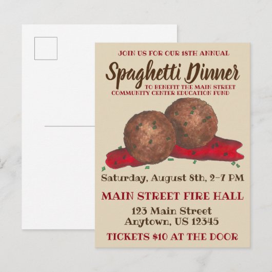 Italiaans evenement "Meatball Spaghetti Dinner Cha Uitnodiging Briefkaart (Voorkant / Achterkant)