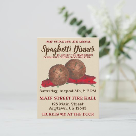 Italiaans evenement "Meatball Spaghetti Dinner Cha Uitnodiging Briefkaart (Staand voorkant)
