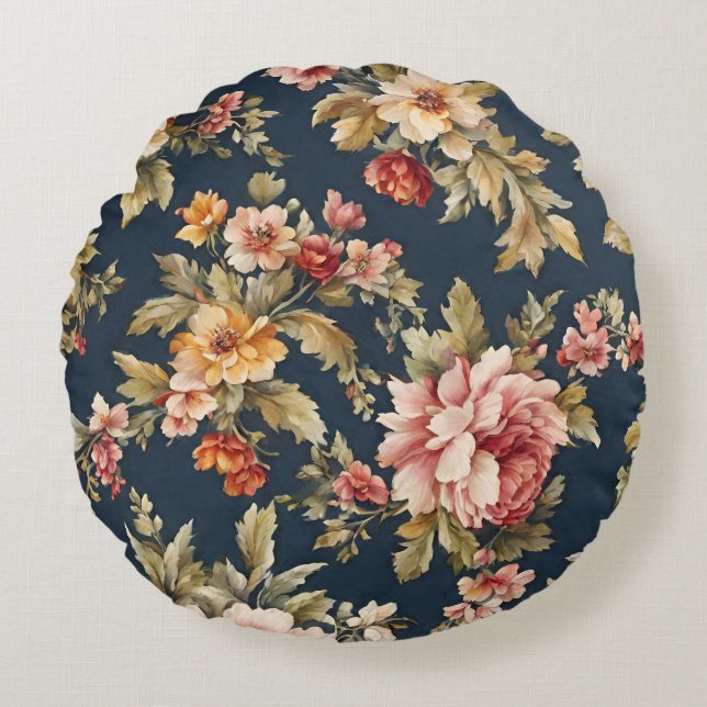 Italiaans Exquise Mooie Bloemenpatroon Rond Kussen (Voorkant)