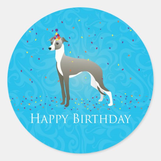 Italiaans "Greyhound Birthday Design" Ronde Sticker (Voorkant)