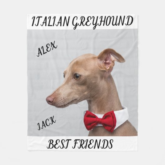 ITALIAANS GREYHOUND FLEECE BLANKET MET NAMEN. (Voorkant)