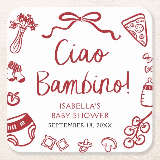 Italiaans handgetekende pizza Ciao Bambino Baby sh Kartonnen Onderzetters (Voorkant)