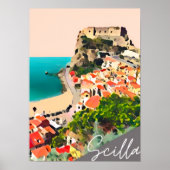 Italiaans kasteel kustplaats perzik kunst print (Voorkant)