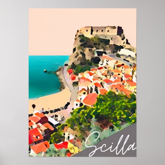 Italiaans kasteel kustplaats perzik kunst print (Voorkant)