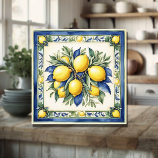 Italiaans Keramisch Citroen Tegel Blauw Majolica Tegeltje