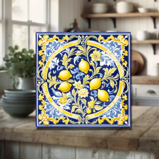 Italiaans Keramisch Citroen Tegel Blauw Majolica Tegeltje