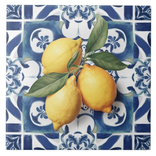 Italiaans Keramische Tegel Lemon Blauw Wit Tegeltje (Voorkant)