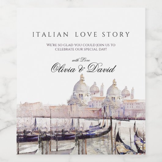 Italiaans Liefdesverhaal Venetië Script Bruiloft Wijn Etiket (Enkel label)