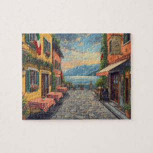 Italiaans meer zonsondergang caféscène legpuzzel
