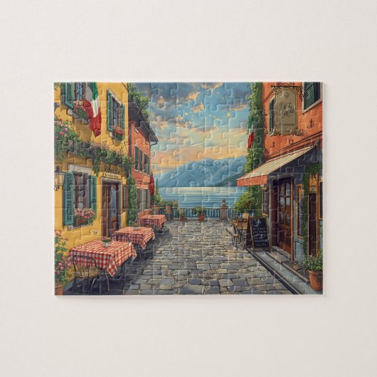 Italiaans meer zonsondergang caféscène legpuzzel (Horizontaal)