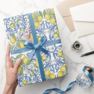 Italiaans Middellands Zee-blauw citroenbloemmotief Cadeaupapier