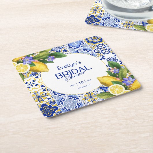 Italiaans Mozaïek Blauwe Tegel Citroenen Vrijgezel Kartonnen Onderzetters (Schuin)