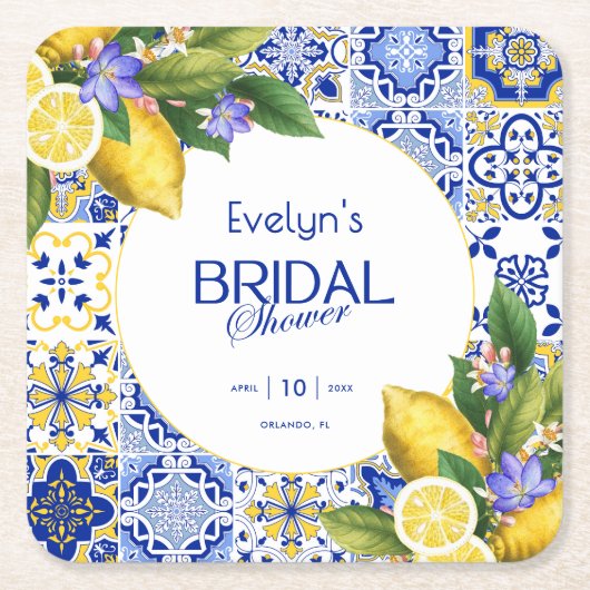 Italiaans Mozaïek Blauwe Tegel Citroenen Vrijgezel Kartonnen Onderzetters (Voorkant)