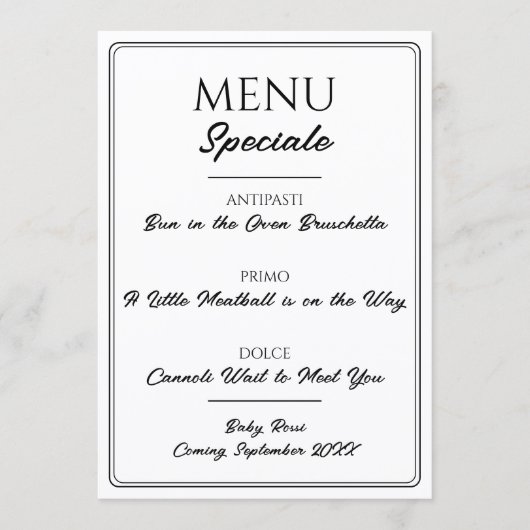 Italiaans restaurantmenu zwangerschapsaankondiging menu (Voorkant)