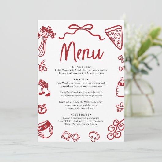 Italiaans Rode Hand getrokken Pizza Baby shower Me Kaart (Staand voorkant)
