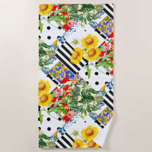 Italiaans,Siciliaanse kunst,patchwork,zomerbloemen Strandlaken