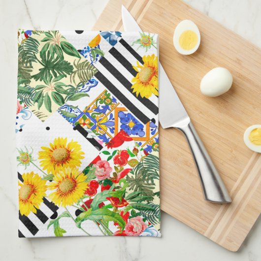 Italiaans,Siciliaanse kunst,patchwork,zomerbloemen Theedoek (Quarter Fold)