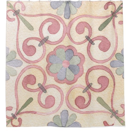 Italiaans Spaans Majolica Roze Bloemen Waterverf Douchegordijn (Voorkant)