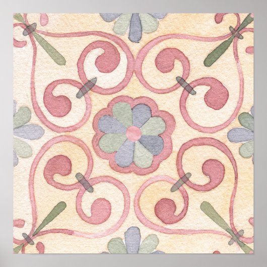 Italiaans Spaans Majolica Roze Bloemen Waterverf Poster (Voorkant)