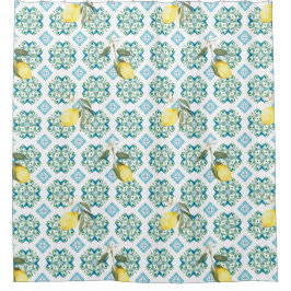 Italiaans stijl, tegels, majolica, citroen, all-ov douchegordijn