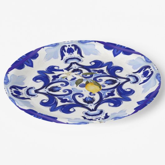 Italiaans stijl, tegels, majolica, citroen, all-ov papieren bordje (Gekanteld)