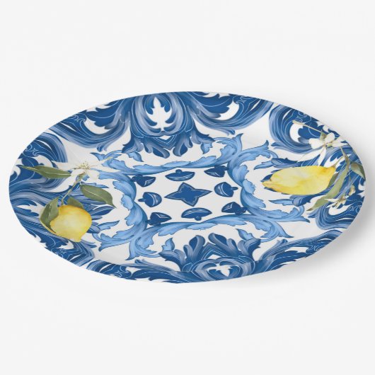 Italiaans stijl, tegels, majolica, citroen, all-ov papieren bordje (Gekanteld)