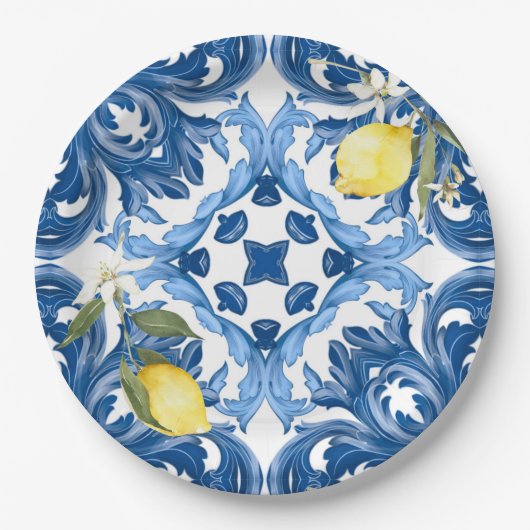 Italiaans stijl, tegels, majolica, citroen, all-ov papieren bordje (Voorkant)