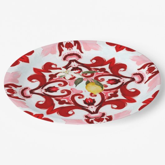 Italiaans stijl, tegels, majolica, citroen, all-ov papieren bordje (Gekanteld)