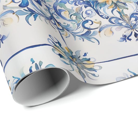 Italiaans Tegel Blauw en Wit Amalfi Coast Decoupag Cadeaupapier (Rol Hoek)